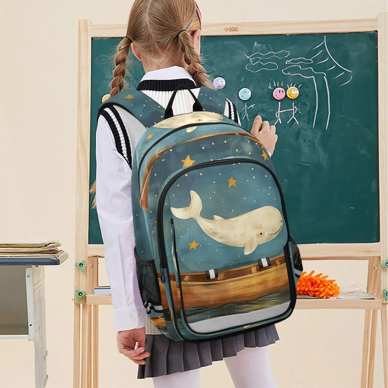 senya School Backpack Kids College Rucksack Travel Bookbag Fashion Back Pack Girls Boys Wooden Boat Starry Sky Whale