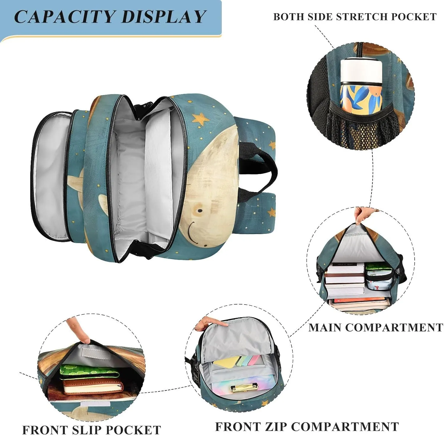 senya School Backpack Kids College Rucksack Travel Bookbag Fashion Back Pack Girls Boys Wooden Boat Starry Sky Whale