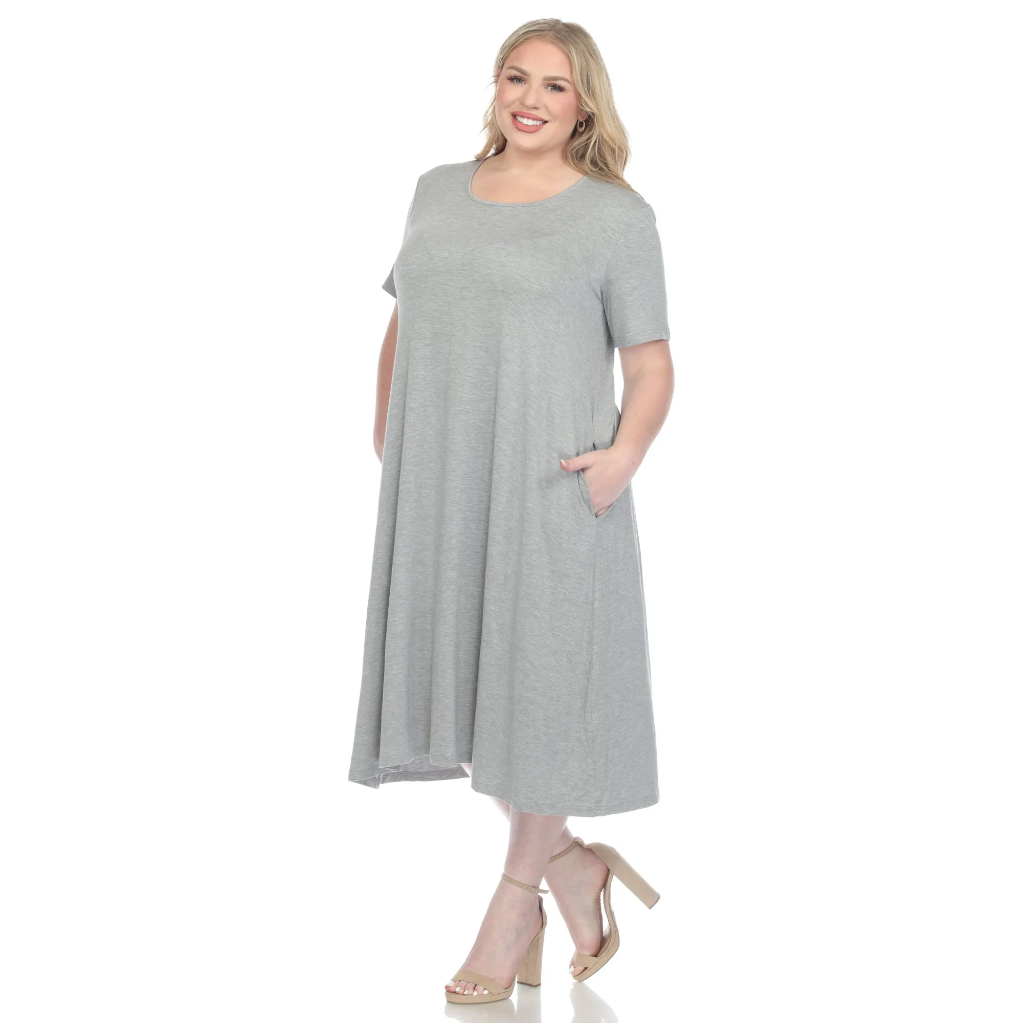Short Sleeve Pocket Swing Midi Dress - Plus