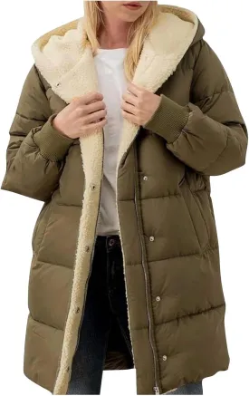 Sinzelimin Women Hooded Parka Jackets Fleece Lined Thickened Down Jacket Winter Hooded Puffy Packable Jacket Warm Puffer Coat
