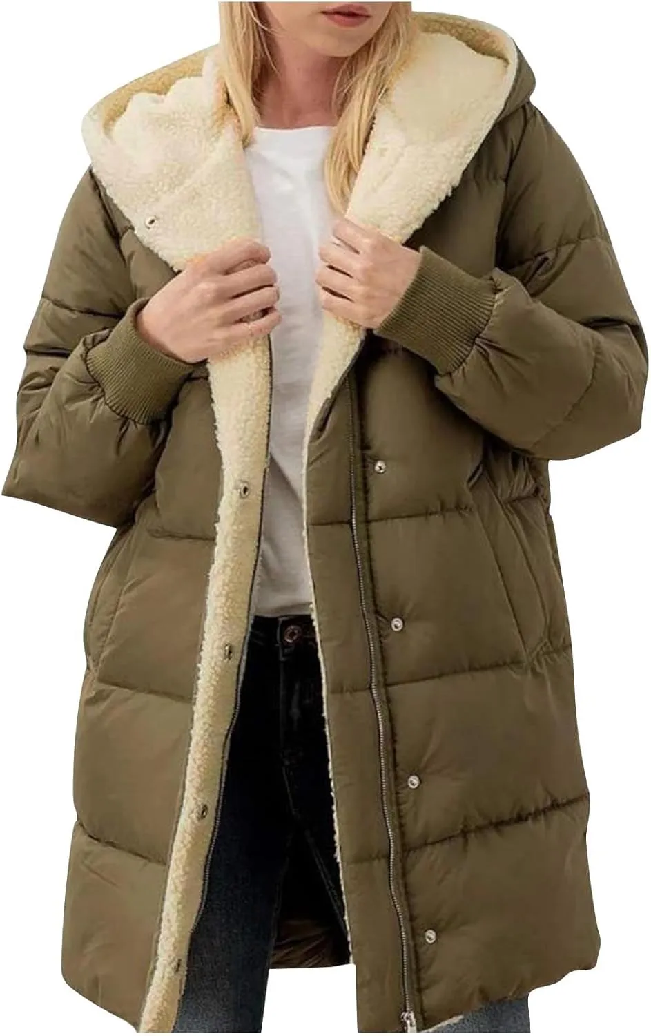 Sinzelimin Women Hooded Parka Jackets Fleece Lined Thickened Down Jacket Winter Hooded Puffy Packable Jacket Warm Puffer Coat