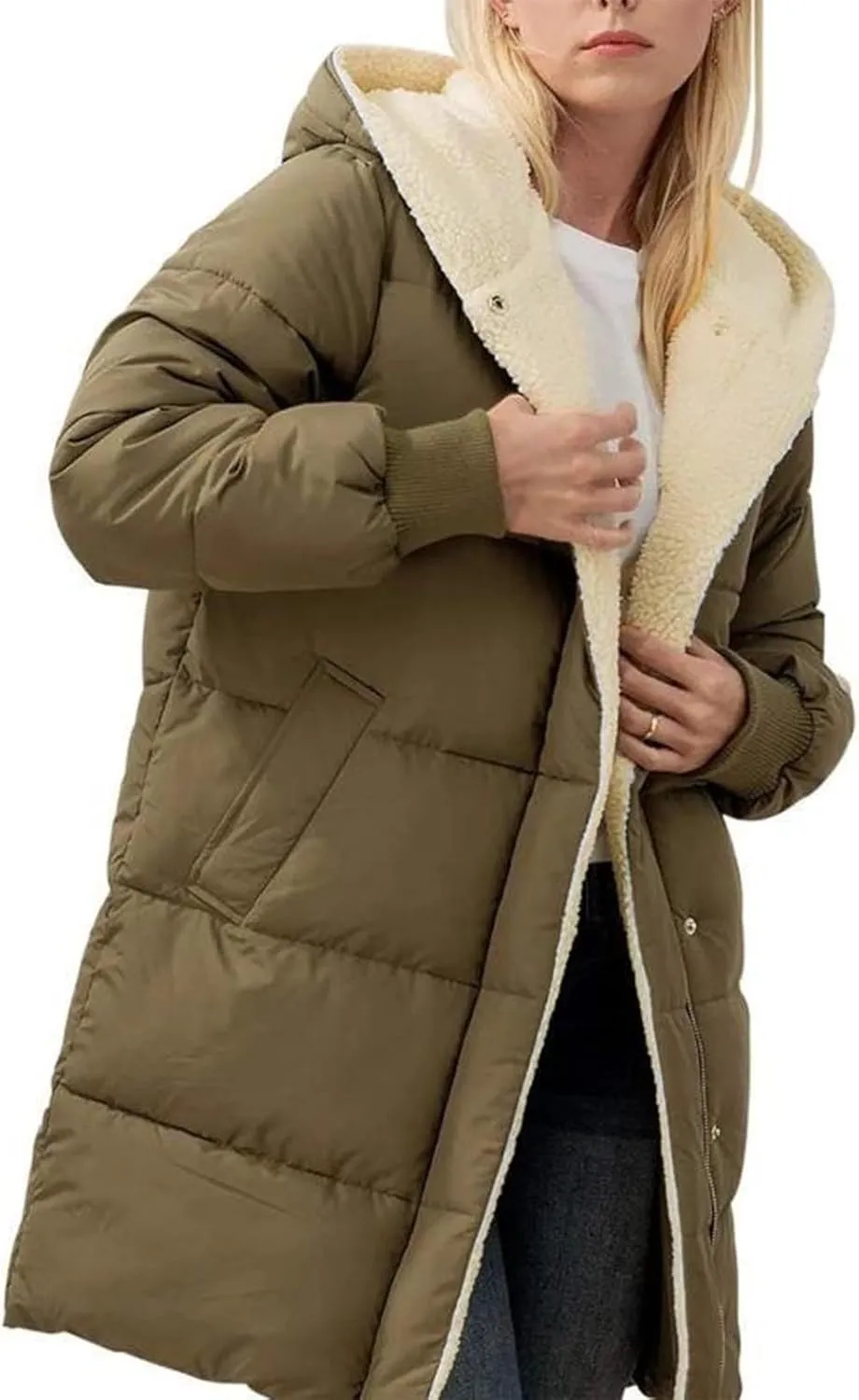 Sinzelimin Women Hooded Parka Jackets Fleece Lined Thickened Down Jacket Winter Hooded Puffy Packable Jacket Warm Puffer Coat
