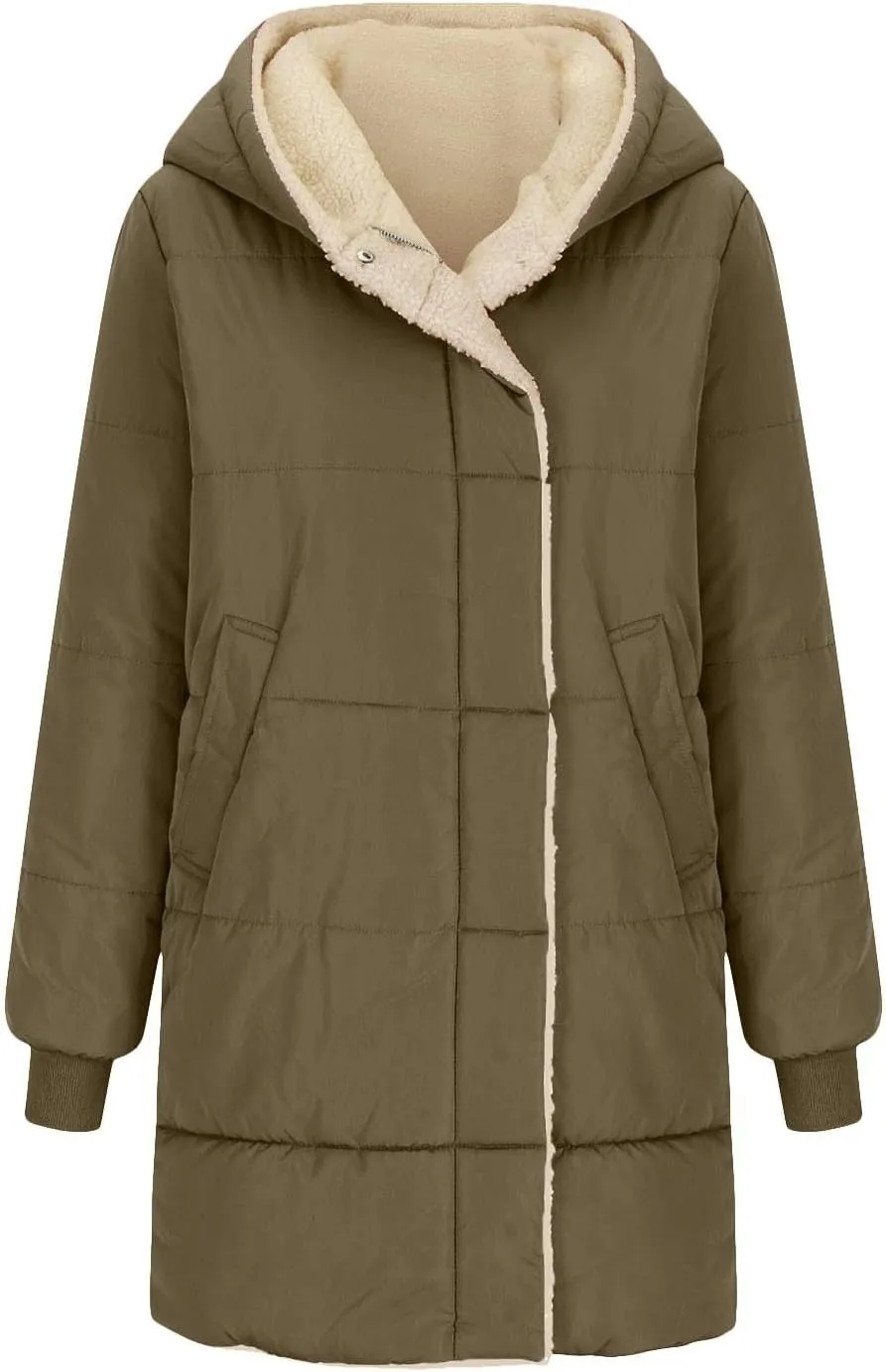 Sinzelimin Women Hooded Parka Jackets Fleece Lined Thickened Down Jacket Winter Hooded Puffy Packable Jacket Warm Puffer Coat