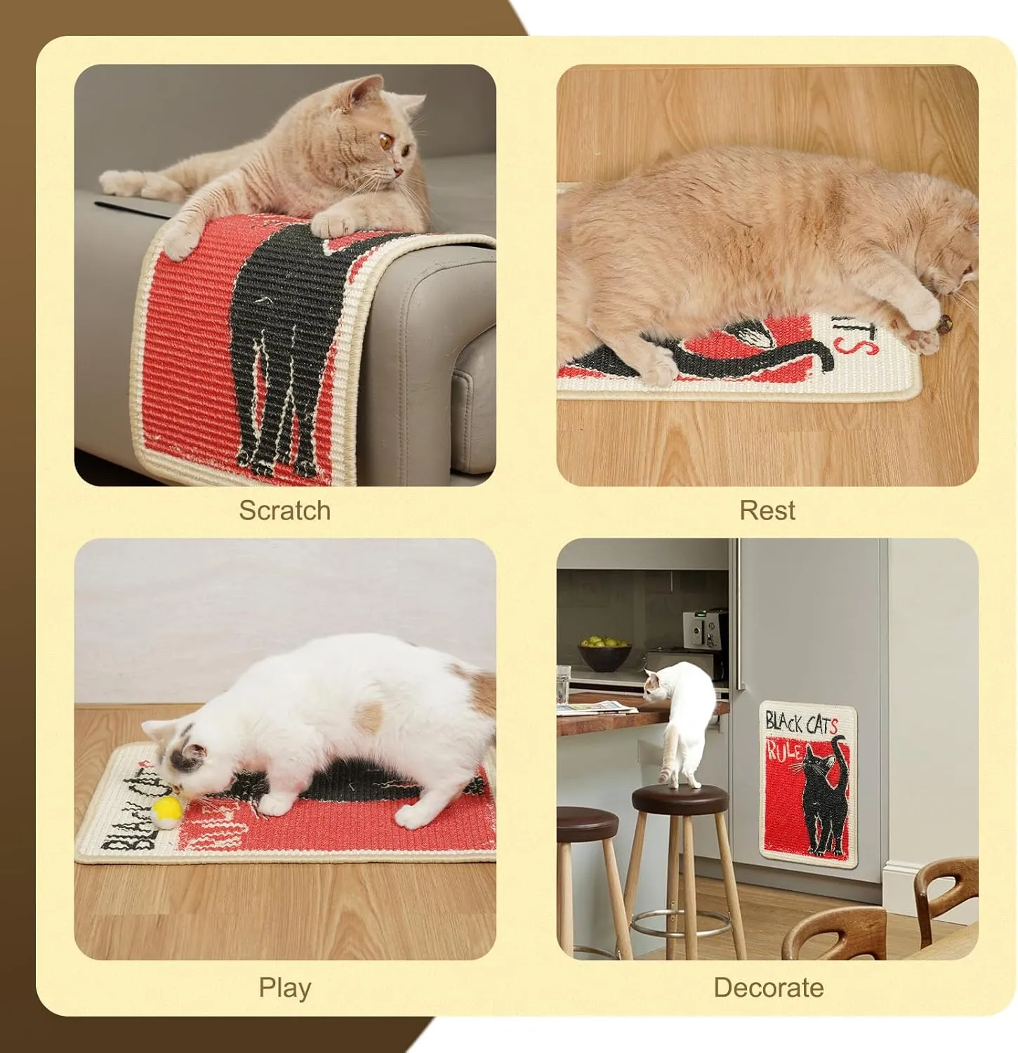 SOLDAY Sisal Cat Scratcher Mat for Floor Wall Carpet Couch Furniture, 22x13 inch Anti Scratch Furniture Protector, Cat Scratching Posts Board with Velcro Tape(Black Cat Rules)