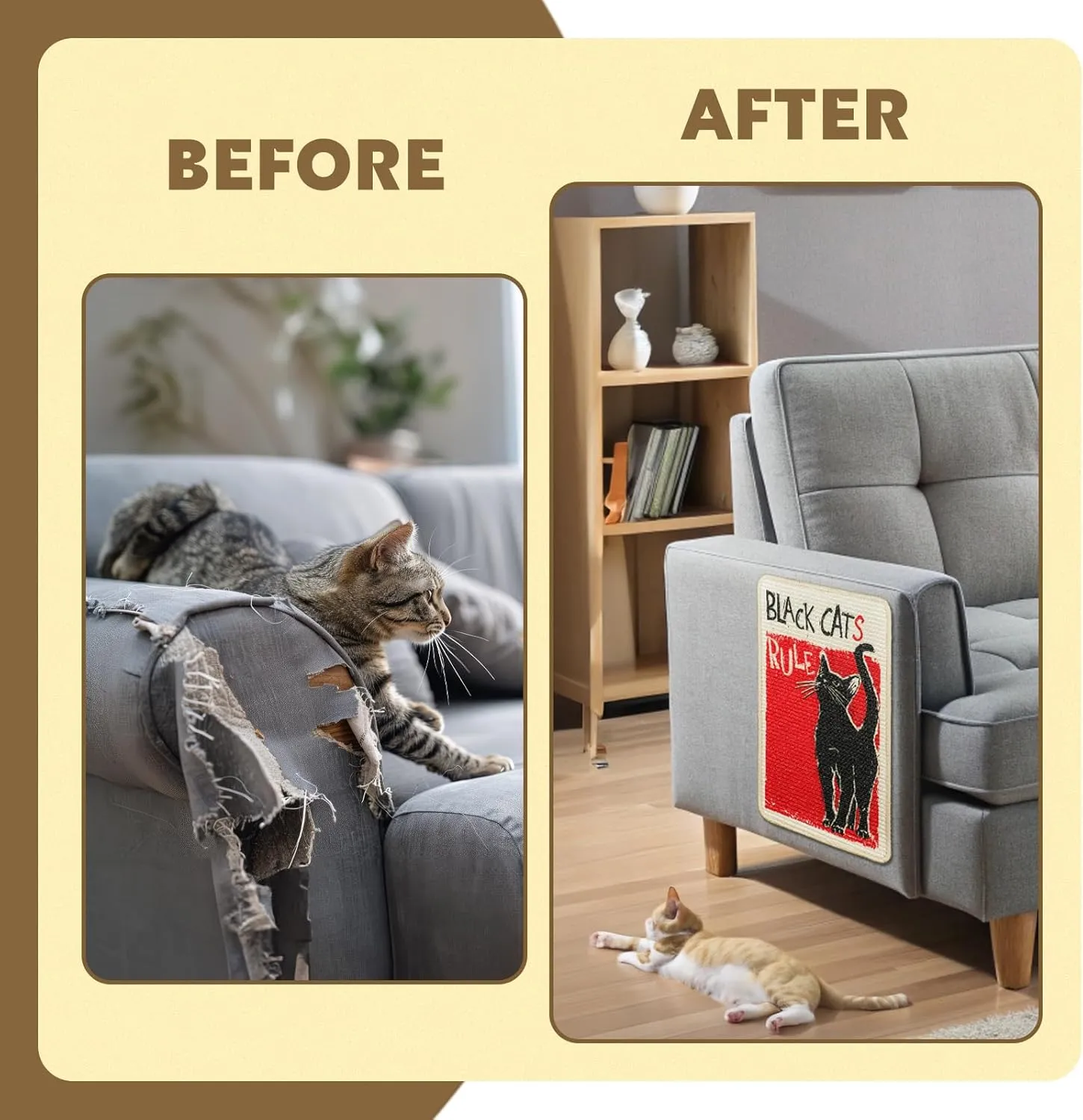 SOLDAY Sisal Cat Scratcher Mat for Floor Wall Carpet Couch Furniture, 22x13 inch Anti Scratch Furniture Protector, Cat Scratching Posts Board with Velcro Tape(Black Cat Rules)