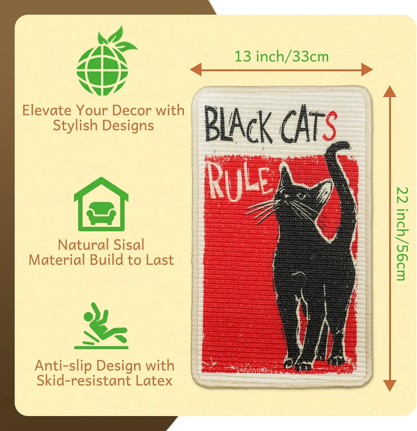 SOLDAY Sisal Cat Scratcher Mat for Floor Wall Carpet Couch Furniture, 22x13 inch Anti Scratch Furniture Protector, Cat Scratching Posts Board with Velcro Tape(Black Cat Rules)