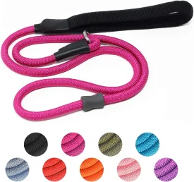 Strong Slip Rope Dog Training Leash (5ft) - Heavy Duty Durable Braided Nylon Lead with Rubber Stopper & Padded Handle - No Pull Walking for Medium Large Dogs (Hot Pink, 1/2" x 5ft)