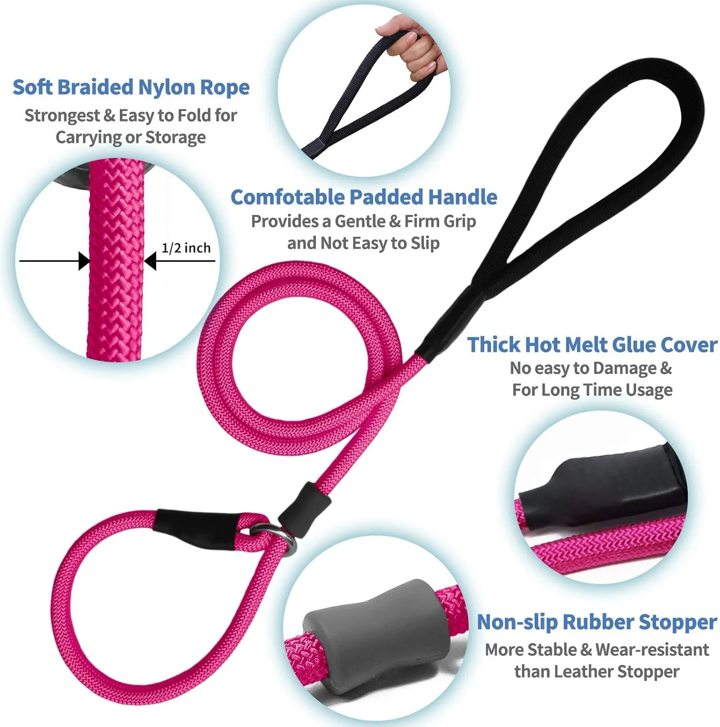 Strong Slip Rope Dog Training Leash (5ft) - Heavy Duty Durable Braided Nylon Lead with Rubber Stopper & Padded Handle - No Pull Walking for Medium Large Dogs (Hot Pink, 1/2" x 5ft)