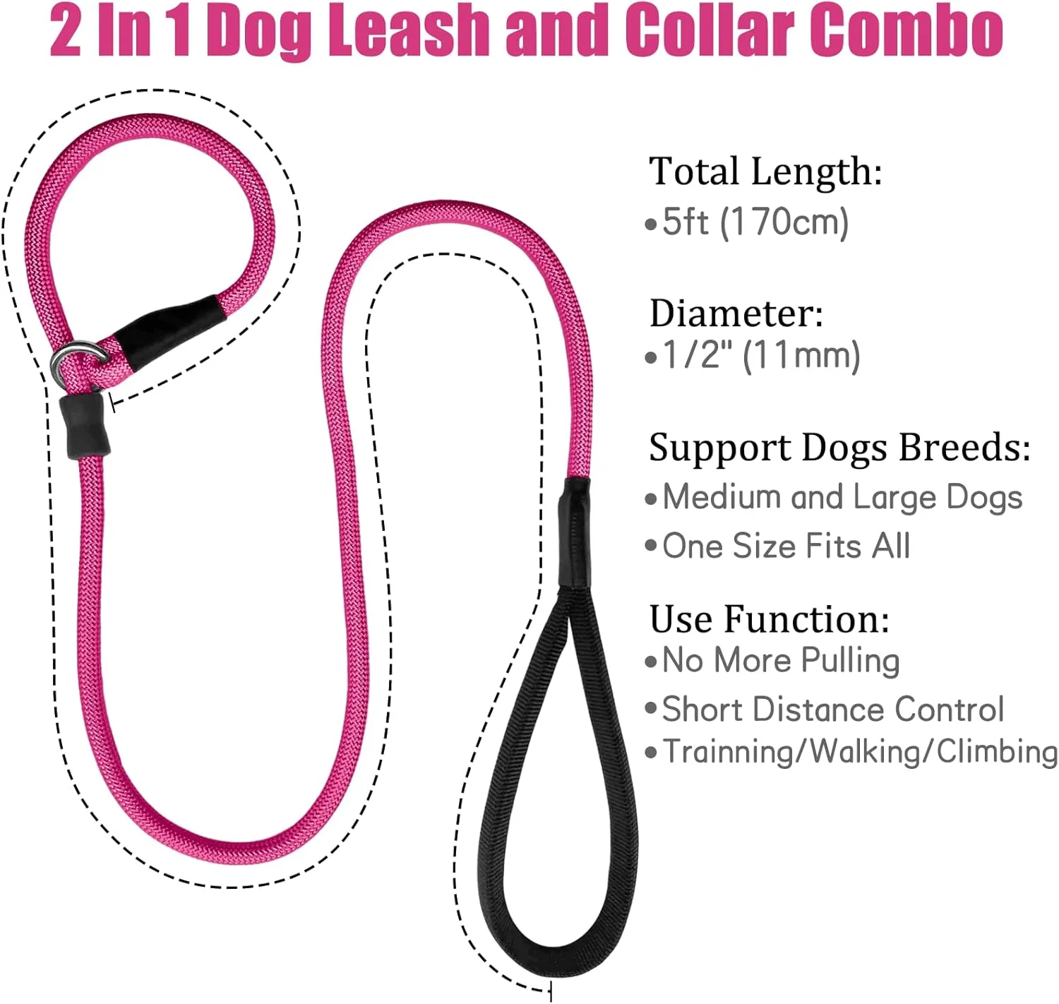 Strong Slip Rope Dog Training Leash (5ft) - Heavy Duty Durable Braided Nylon Lead with Rubber Stopper & Padded Handle - No Pull Walking for Medium Large Dogs (Hot Pink, 1/2" x 5ft)