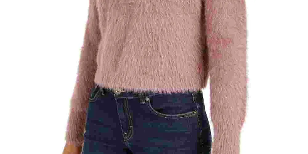 Sun  Moon Women's Fuzzy Finish Long Sleeve Mock T-Shirt Sweater Pink Size Medium