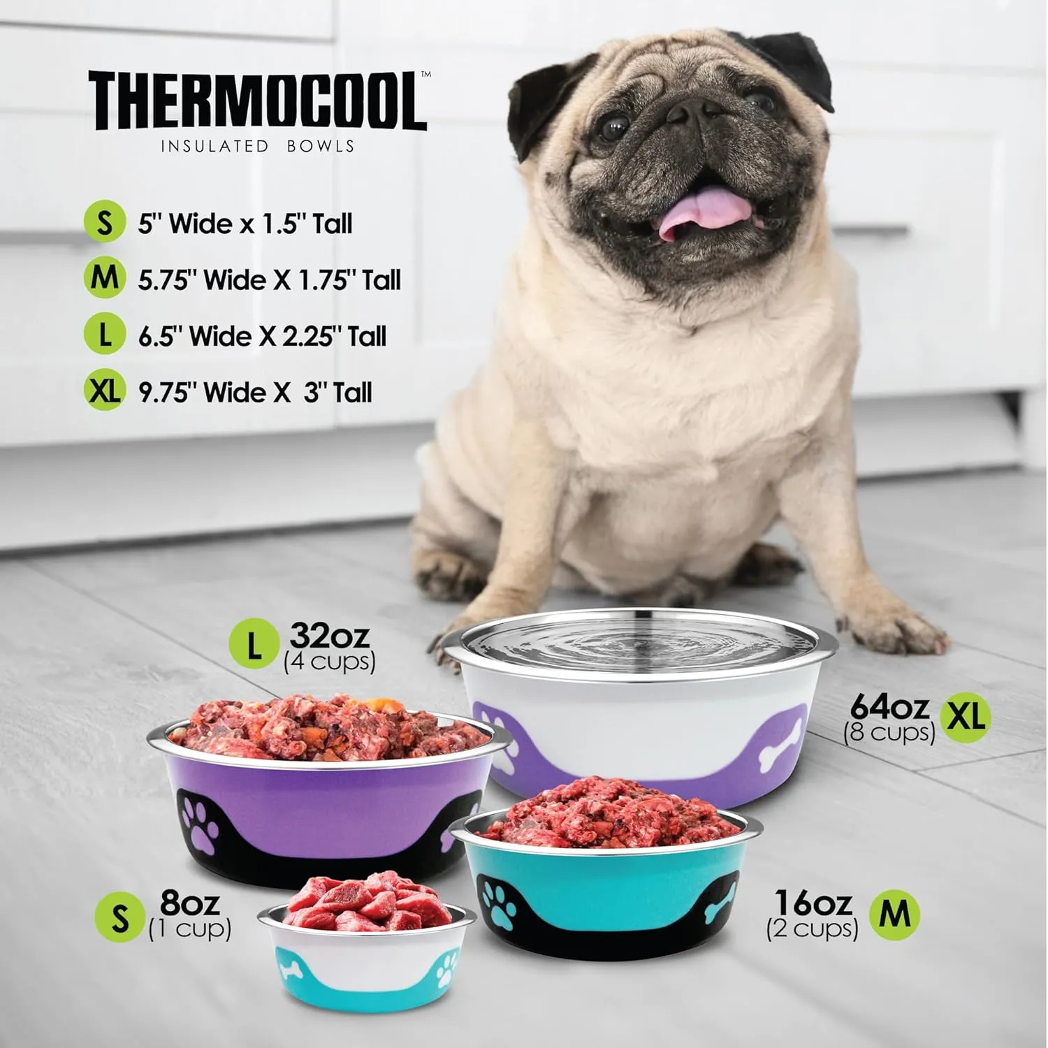 Thermocool Stainless Steel Dog Bowls, Non Slip, No Spill Insulated Dog Bowl, Keeps Food Warm & Water Cold for Dogs, Dishwasher Safe (Blue, Small 8 Oz)