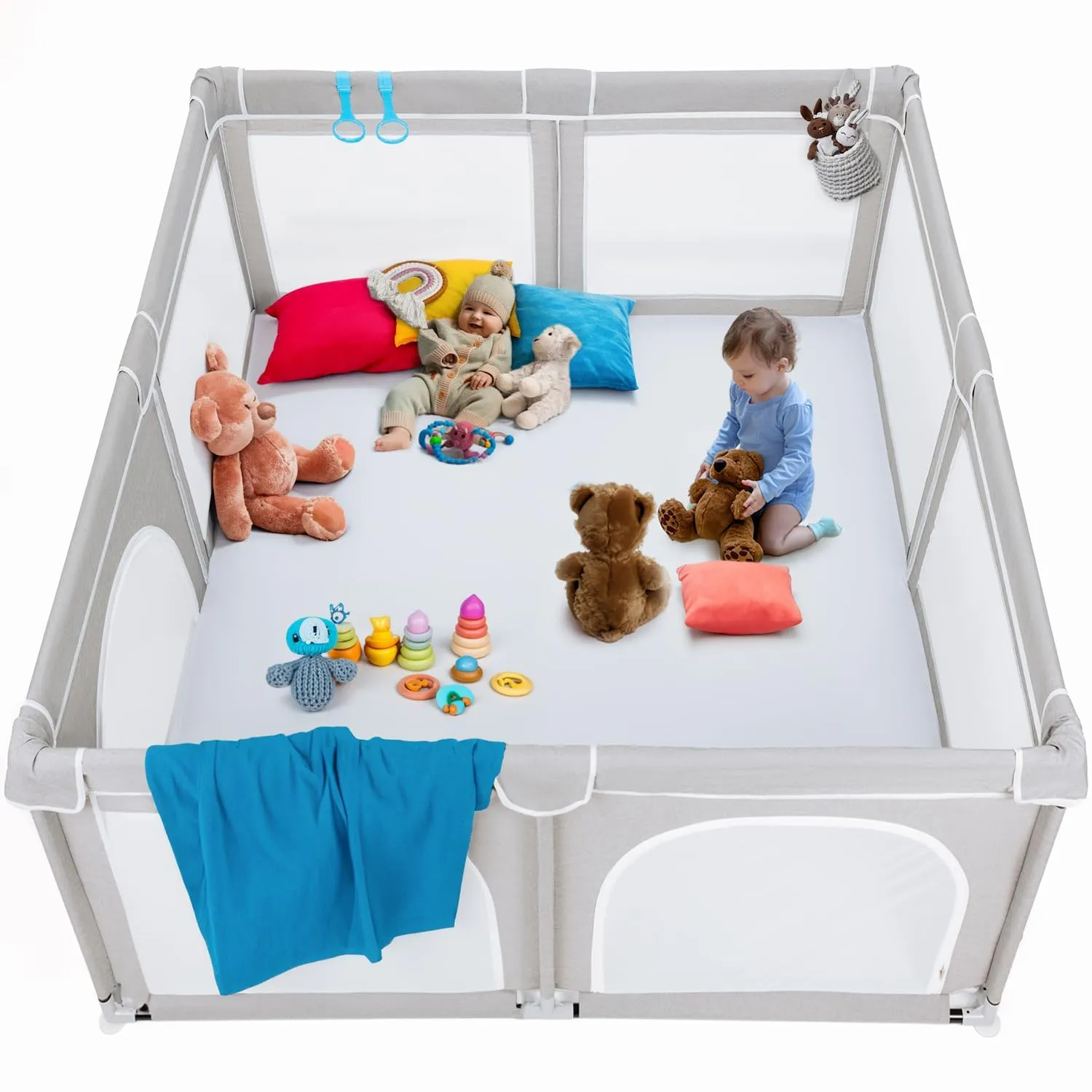TODALE Extra Large Playpen for Babies and Toddlers - 79"x70" Tear-Resistant Indoor/Outdoor Yard with Safety Gate in Grey for Infants & Toddlers - Foldable Baby Playpen