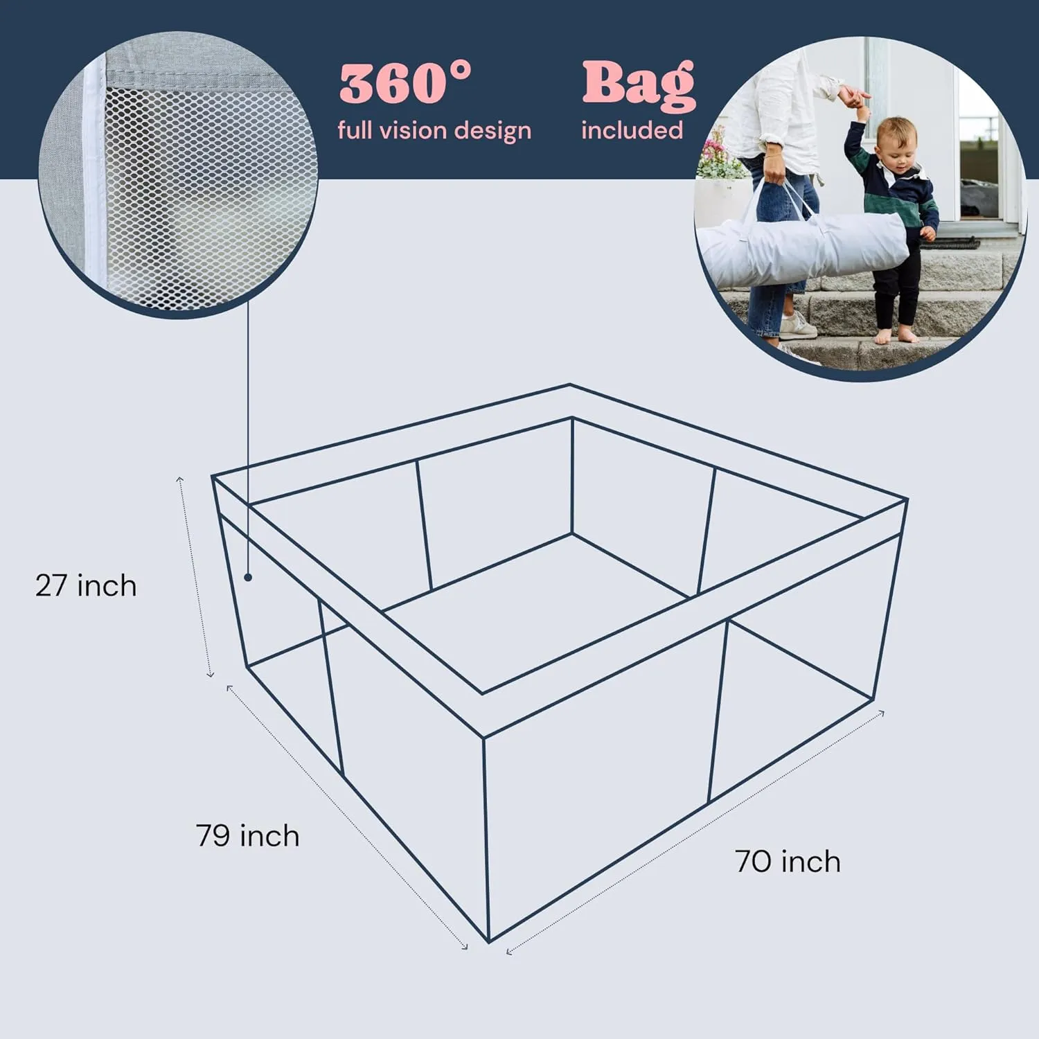 TODALE Extra Large Playpen for Babies and Toddlers - 79"x70" Tear-Resistant Indoor/Outdoor Yard with Safety Gate in Grey for Infants & Toddlers - Foldable Baby Playpen