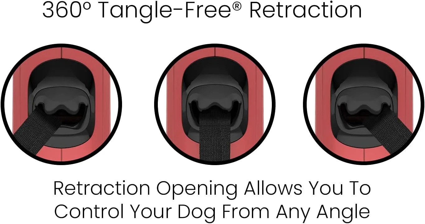 TUG Monochrome 360 Tangle-Free Retractable Dog Leash | 16 ft Strong Nylon Tape (Medium, Red)