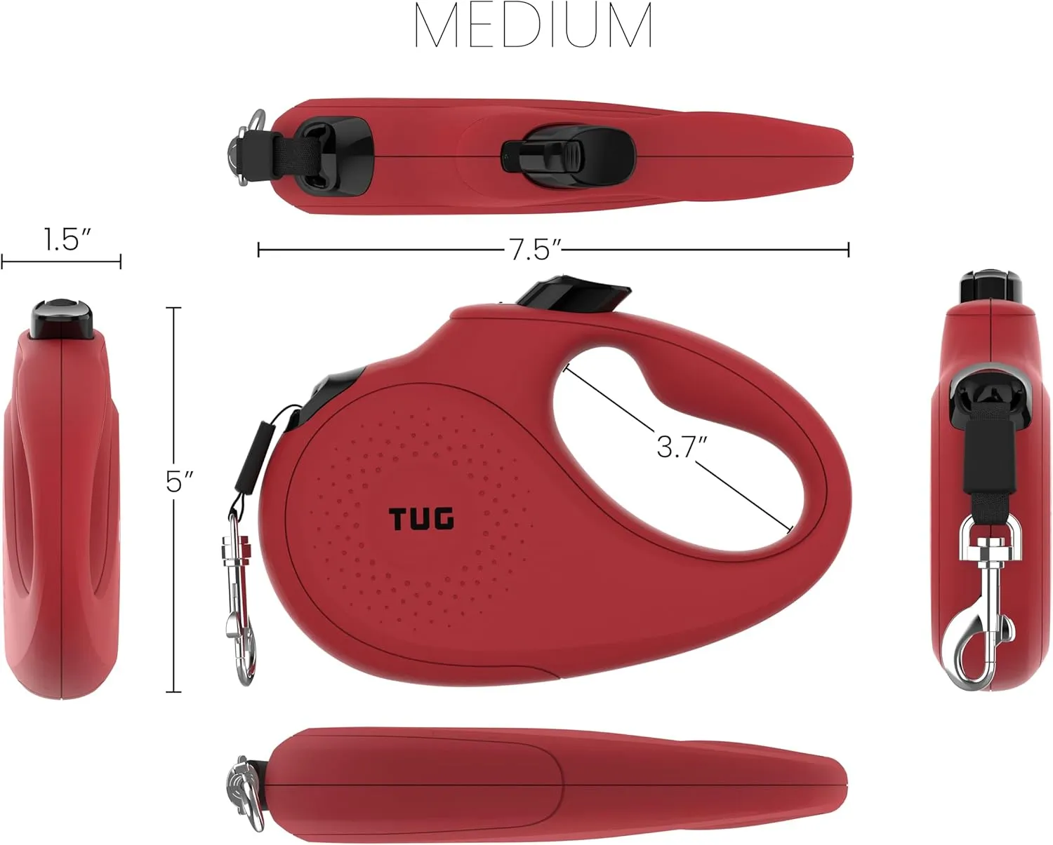 TUG Monochrome 360 Tangle-Free Retractable Dog Leash | 16 ft Strong Nylon Tape (Medium, Red)
