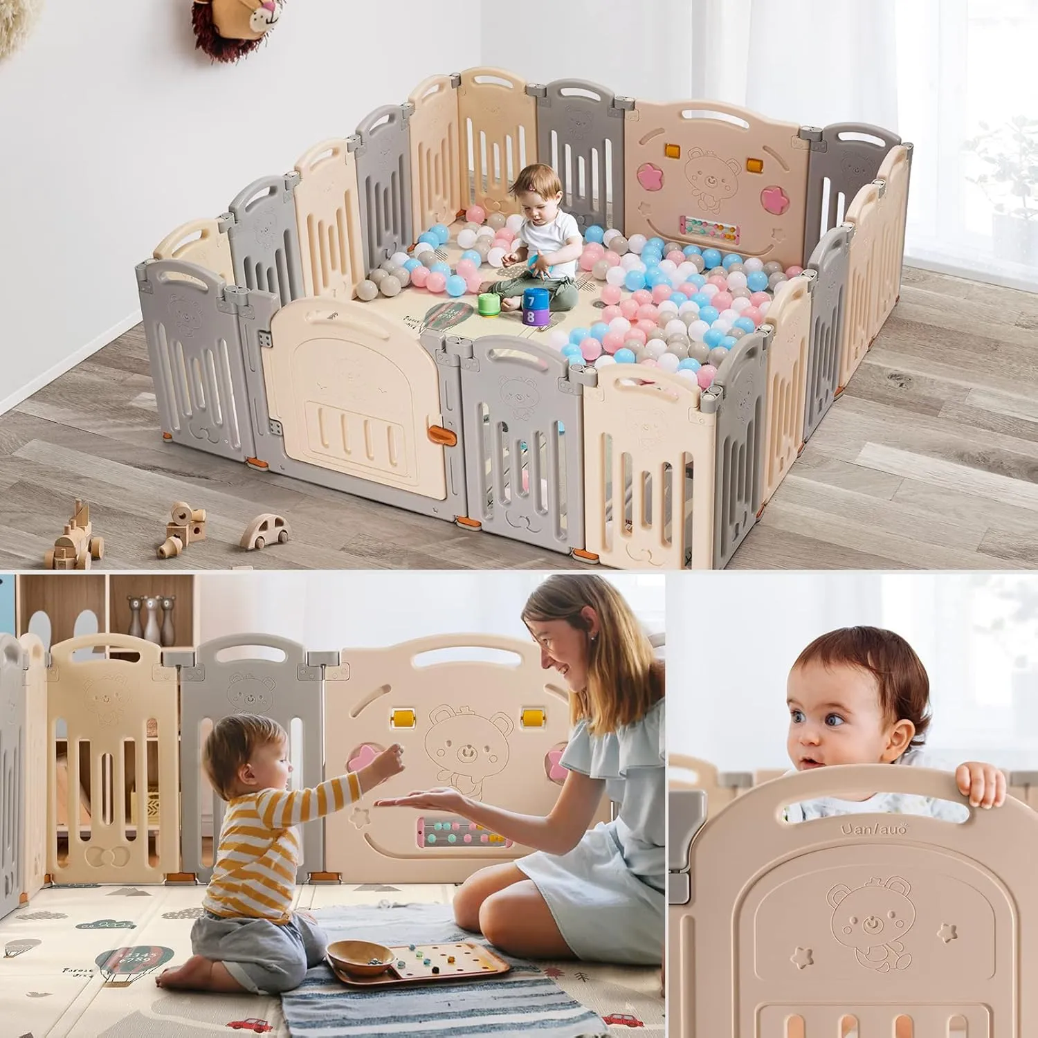 UANLAUO Foldable Playpen for Toddlers & Kids, 18 Panel Indoor & Outdoor Baby Fence, Easy Assembly, Portable Play Yards (Grey Cream)