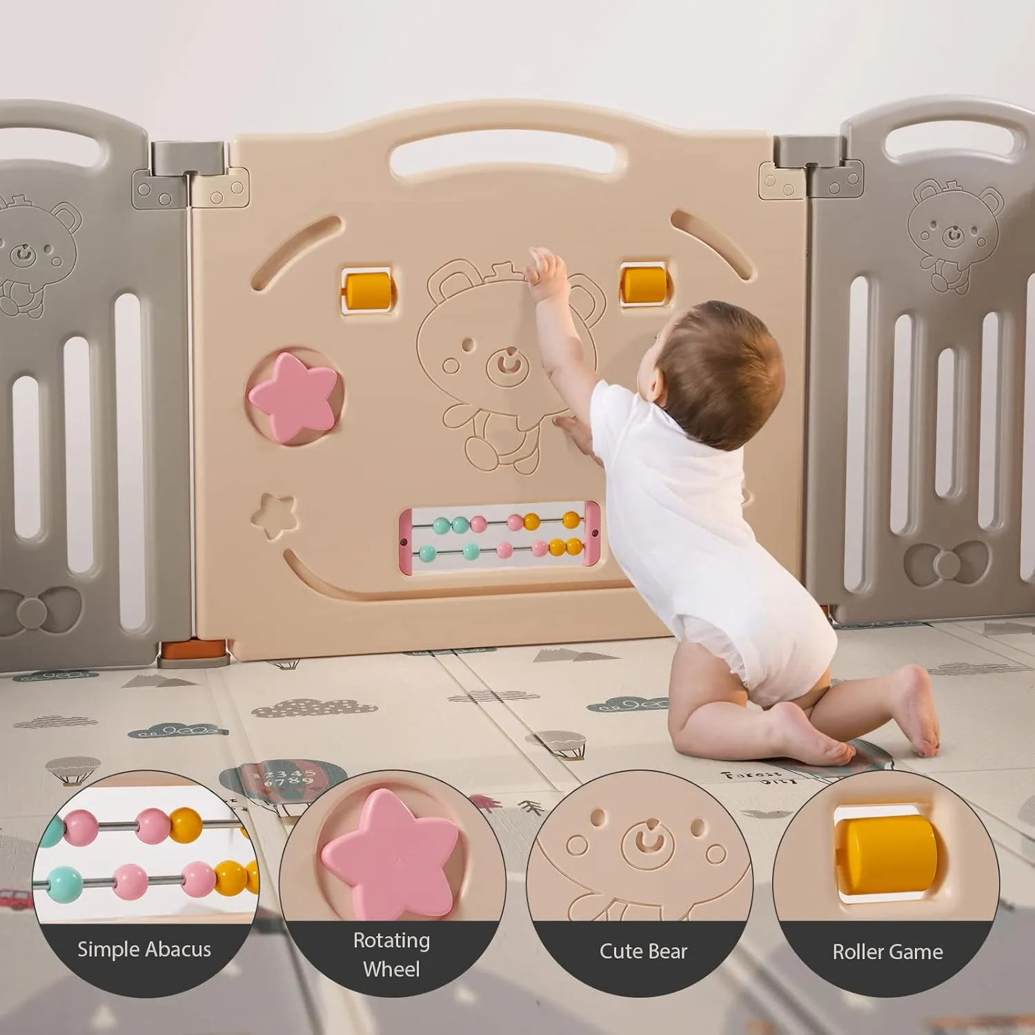 UANLAUO Foldable Playpen for Toddlers & Kids, 18 Panel Indoor & Outdoor Baby Fence, Easy Assembly, Portable Play Yards (Grey Cream)