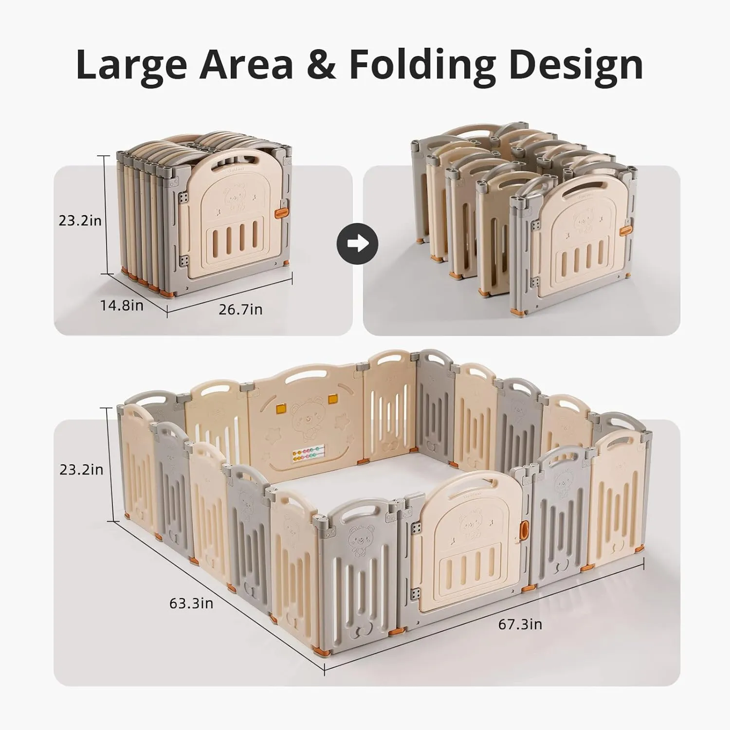 UANLAUO Foldable Playpen for Toddlers & Kids, 18 Panel Indoor & Outdoor Baby Fence, Easy Assembly, Portable Play Yards (Grey Cream)