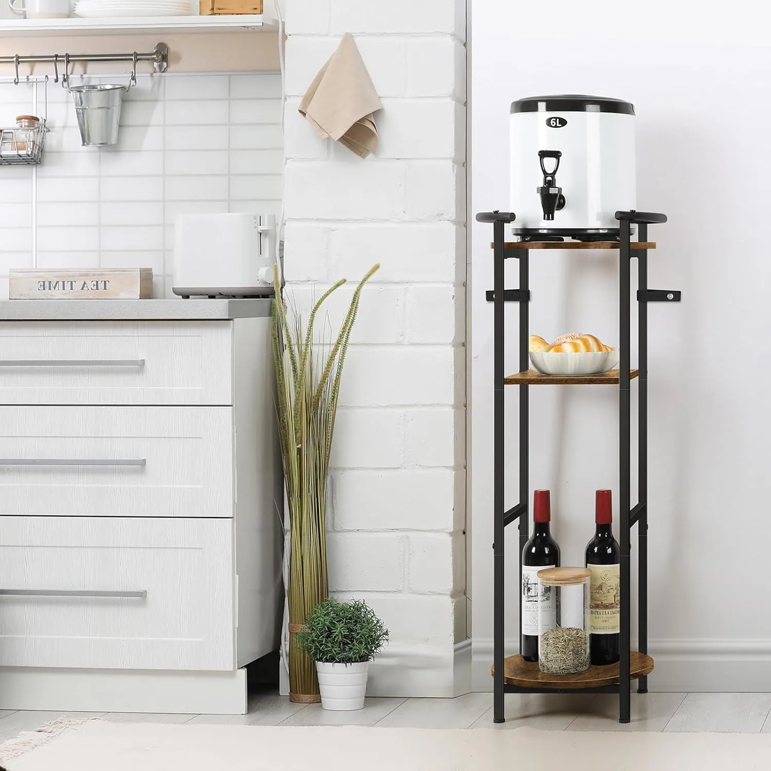 Water Dispenser Floor Stand Drink Dispenser Stand with Shelves 3 Tier Ceramic Crocks Water Dispenser Storage Water Jug Stand Plant Rack Holder for 1-5 Gallon Water Bottle Dispenser Water Crocks, Brown