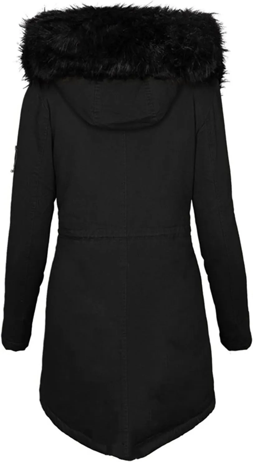 Women's Fleece Lined Parka Jackets Thicken Warm Winter Coat Hooded Ski Jacket with Pockets Windproof Puffer Jackets Pea Coat
