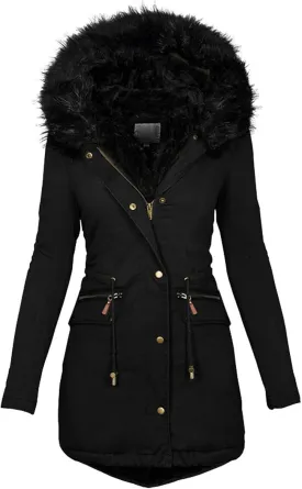 Women's Fleece Lined Parka Jackets Thicken Warm Winter Coat Hooded Ski Jacket with Pockets Windproof Puffer Jackets Pea Coat