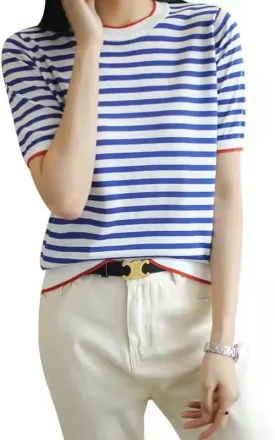 Women's Lightweight Sweater Short Sleeve Round Neck Striped Knit Casual Pullover Tops