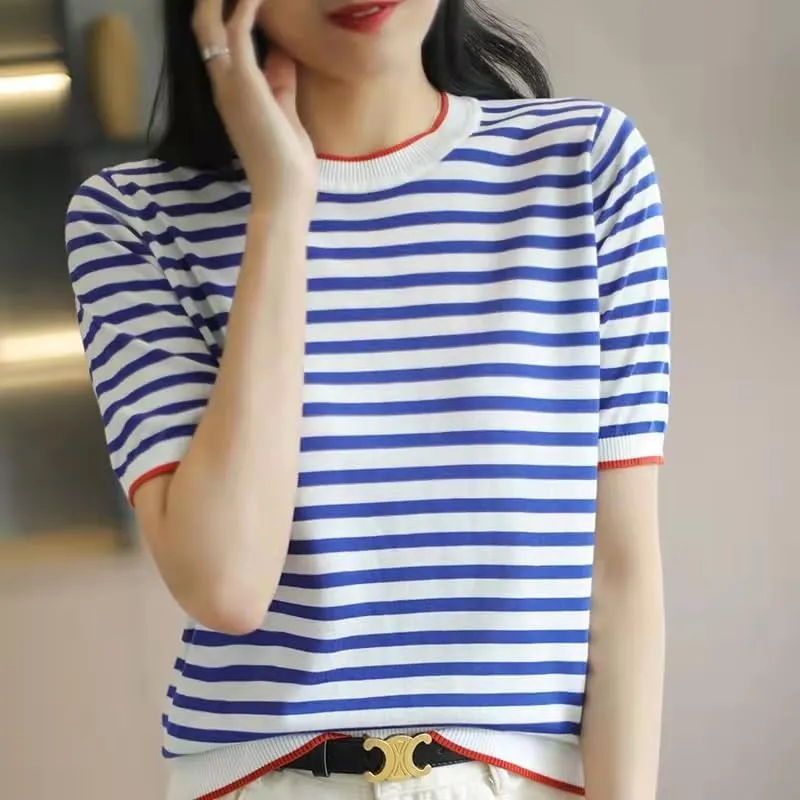 Women's Lightweight Sweater Short Sleeve Round Neck Striped Knit Casual Pullover Tops