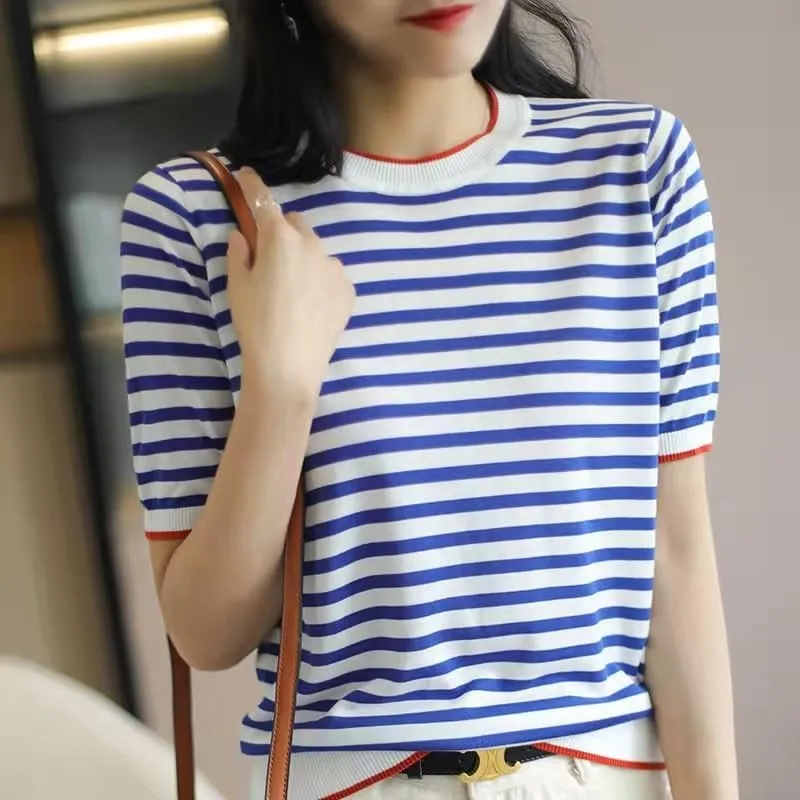 Women's Lightweight Sweater Short Sleeve Round Neck Striped Knit Casual Pullover Tops