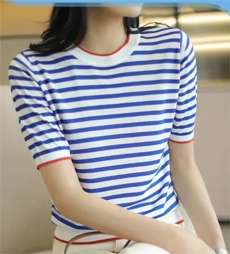 Women's Lightweight Sweater Short Sleeve Round Neck Striped Knit Casual Pullover Tops