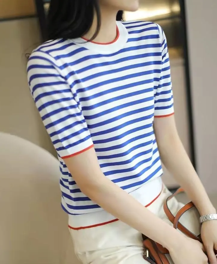 Women's Lightweight Sweater Short Sleeve Round Neck Striped Knit Casual Pullover Tops