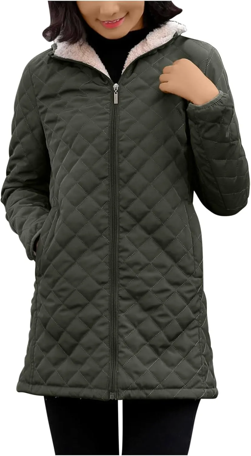 Women's Warm Winter Puffer Coat Thicken Fleece Lined Down Jacket Faux Fur Sherpa Hood Parka Full Zip Up Winter Jackets