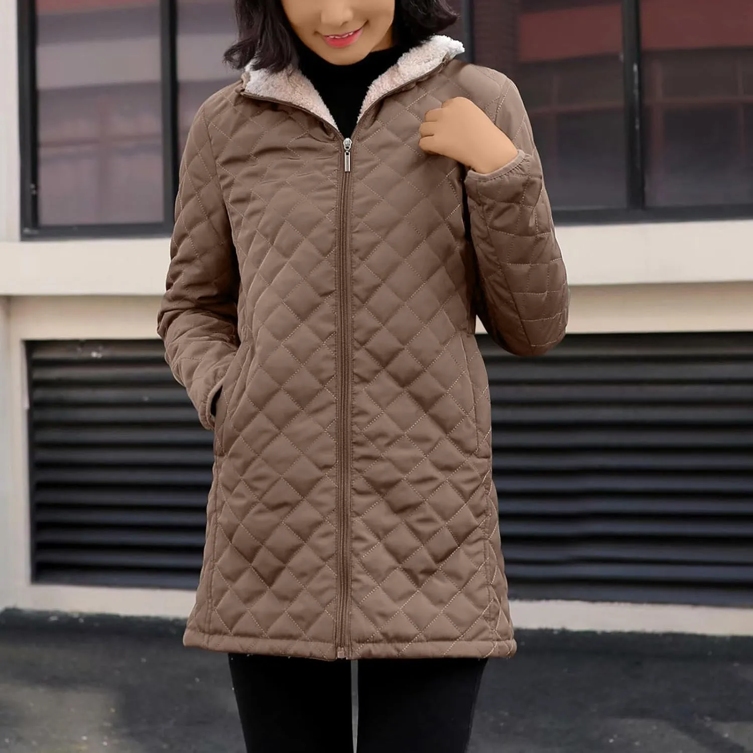 Women's Warm Winter Puffer Coat Thicken Fleece Lined Down Jacket Faux Fur Sherpa Hood Parka Full Zip Up Winter Jackets